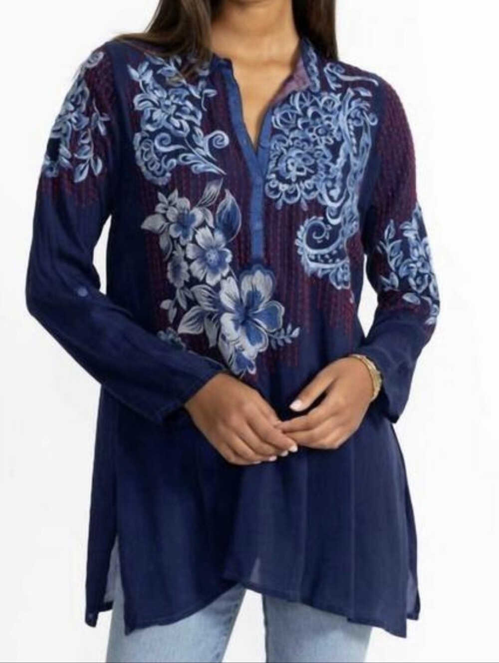 JOHNNY WAS gilani Embroidered tunic Top in blue night Size XXL
